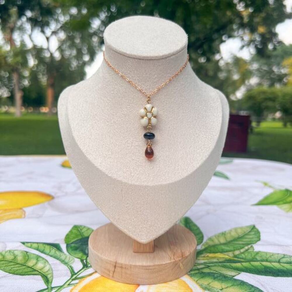 Beige Floral Flower Smoky Brown Czech Glass Black Agate Boho Beaded Necklace